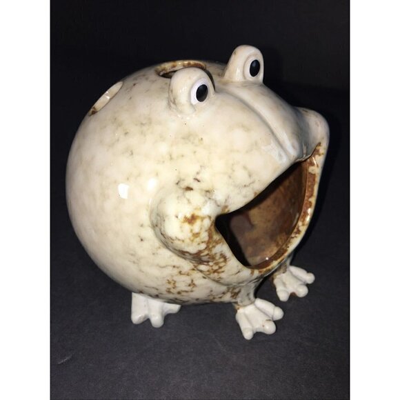 Frog Art Pottery Toothbrush Holder Cream Brown Spotted Toad Neutral Vase Flower - Picture 6 of 8